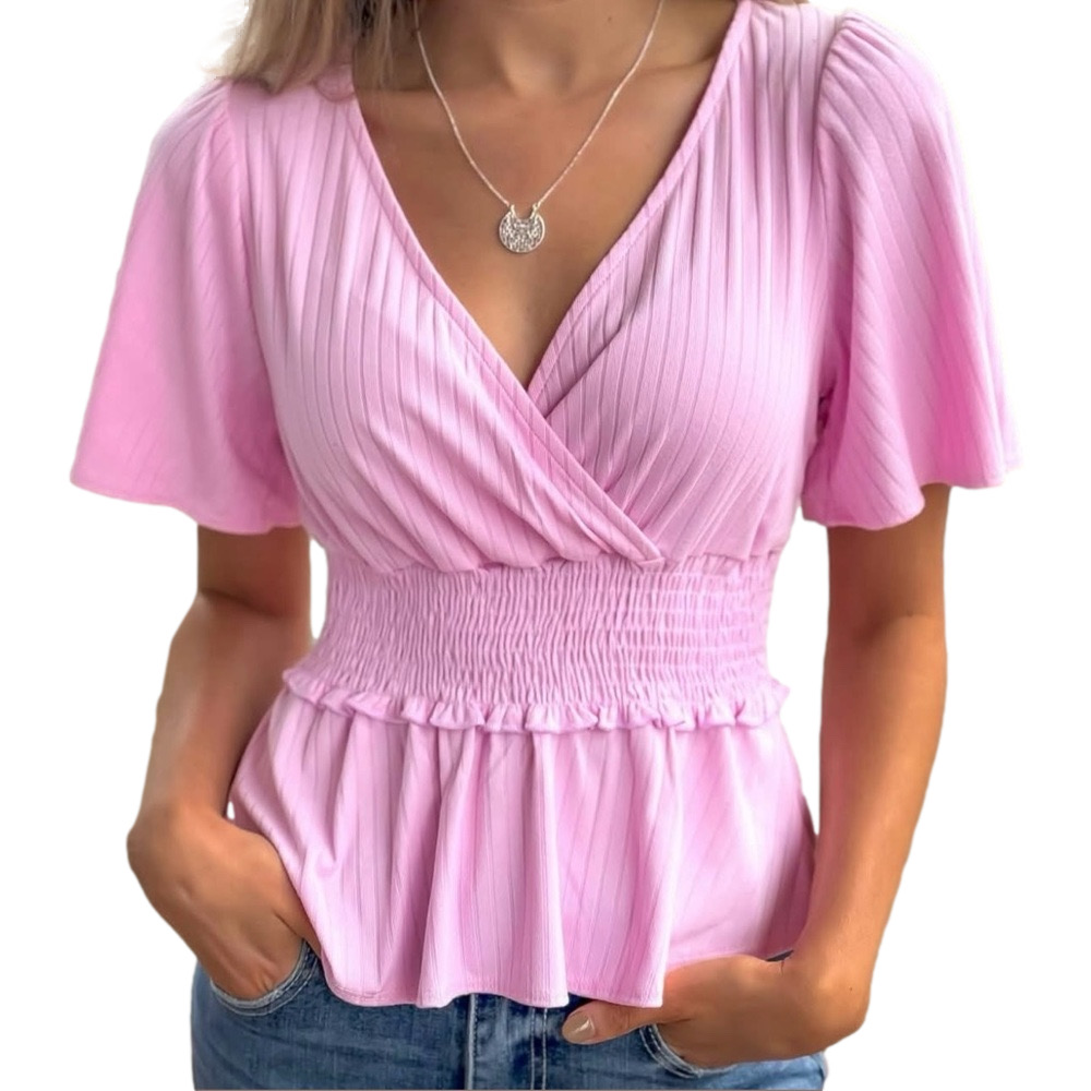 ENTERO Pastel Pink Deep V-Neck Peplum Smocked Short Sleeve Ribbed Top - Picture 5 of 5